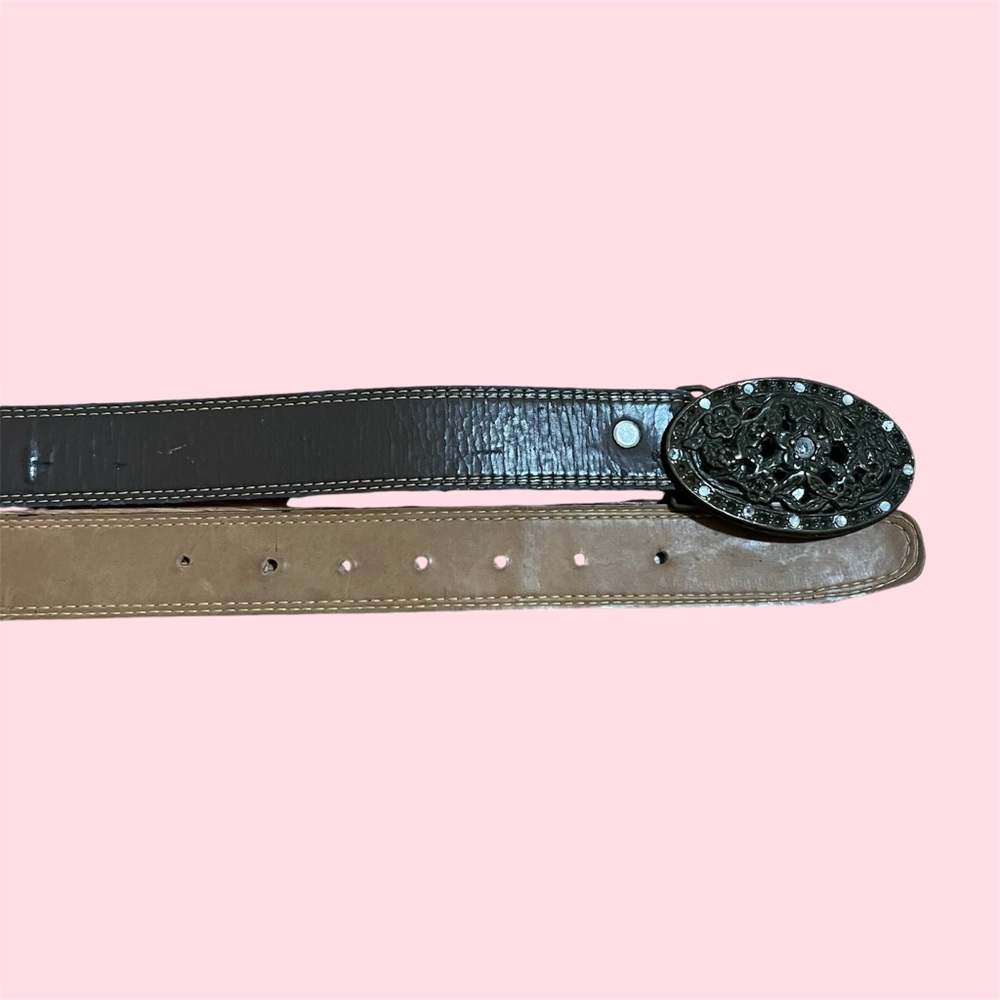 vintage brown leather western belt with silver rhinestone decor buckle